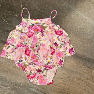 Posh Peanut Bamboo Floral Baby Romper with Pink and Yellow Accents- 6/12 m
